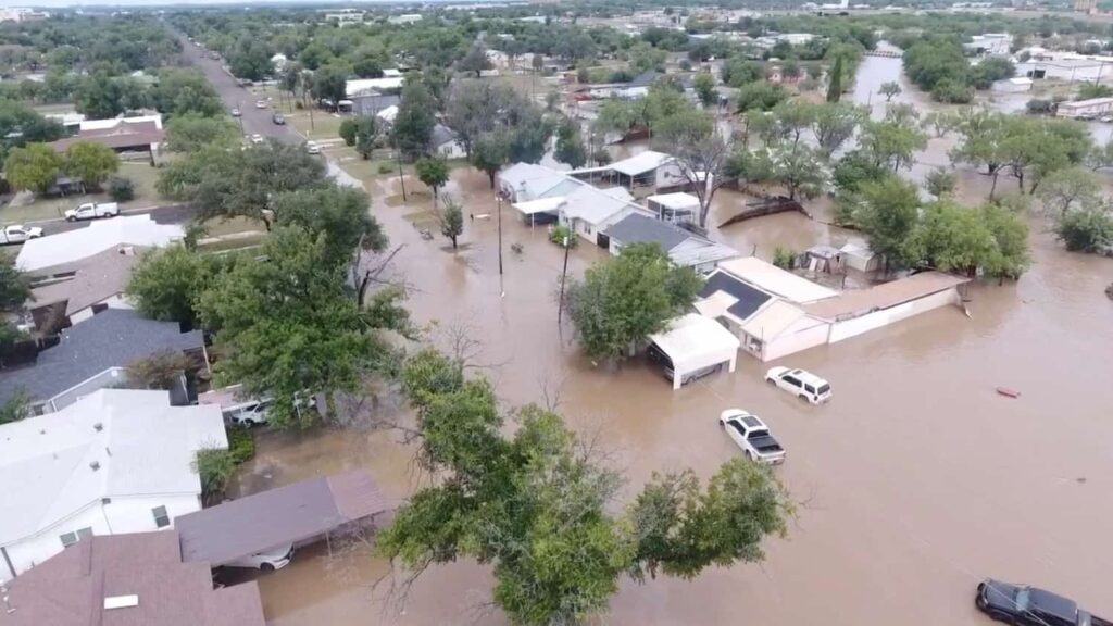 Aerial view of Camp Mystic in Hunt, Texas, submerged by floodwaters
