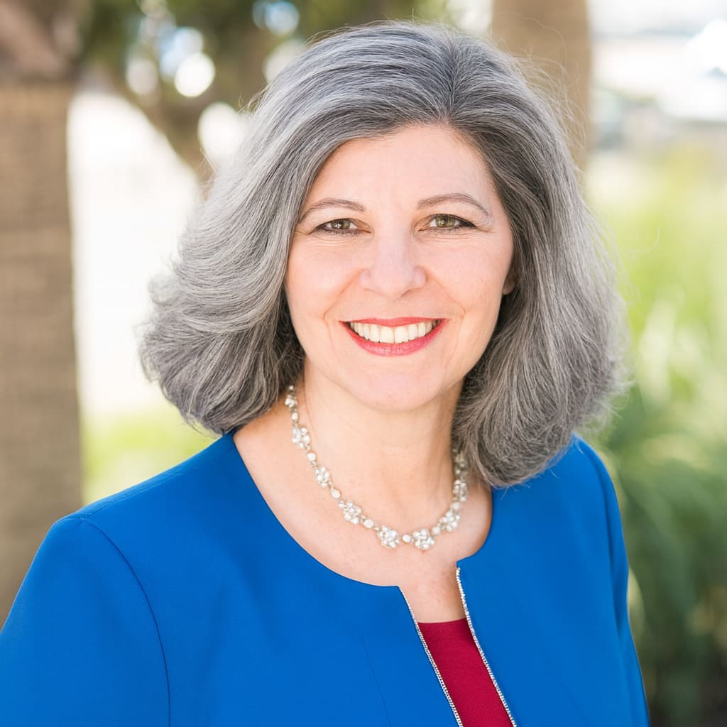 1 headshot with neon blue jacket - GRAY hair