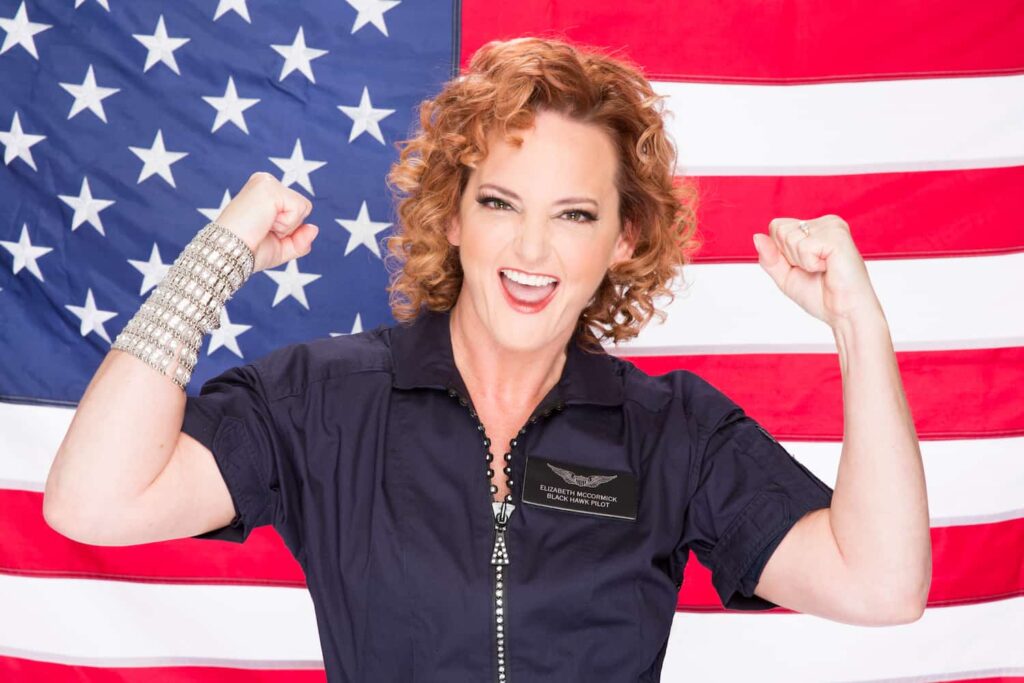 Elizabeth McCormick Your Inspirational Speaker Military aviation speaker Flag Background